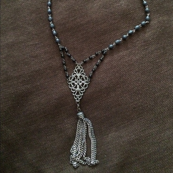 Vintage Style Black Bead & Tassel Tiered Necklace - Picture 3 of 5